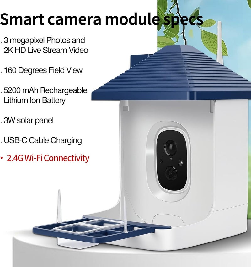 Aprilmin Smart Bird Feeder with Camera,AI Identify Species,Bird House with Solar Powered,Instant Arrival Alerts,2K HD Capture Video Live View,Gift for Birds Lover (Indigo Blue) - Image 2